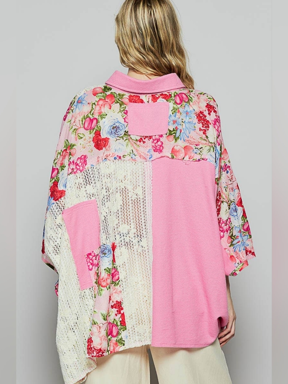 POL Pink Floral Patchwork Lace Button-Up Shirt - Picture 15 of 16